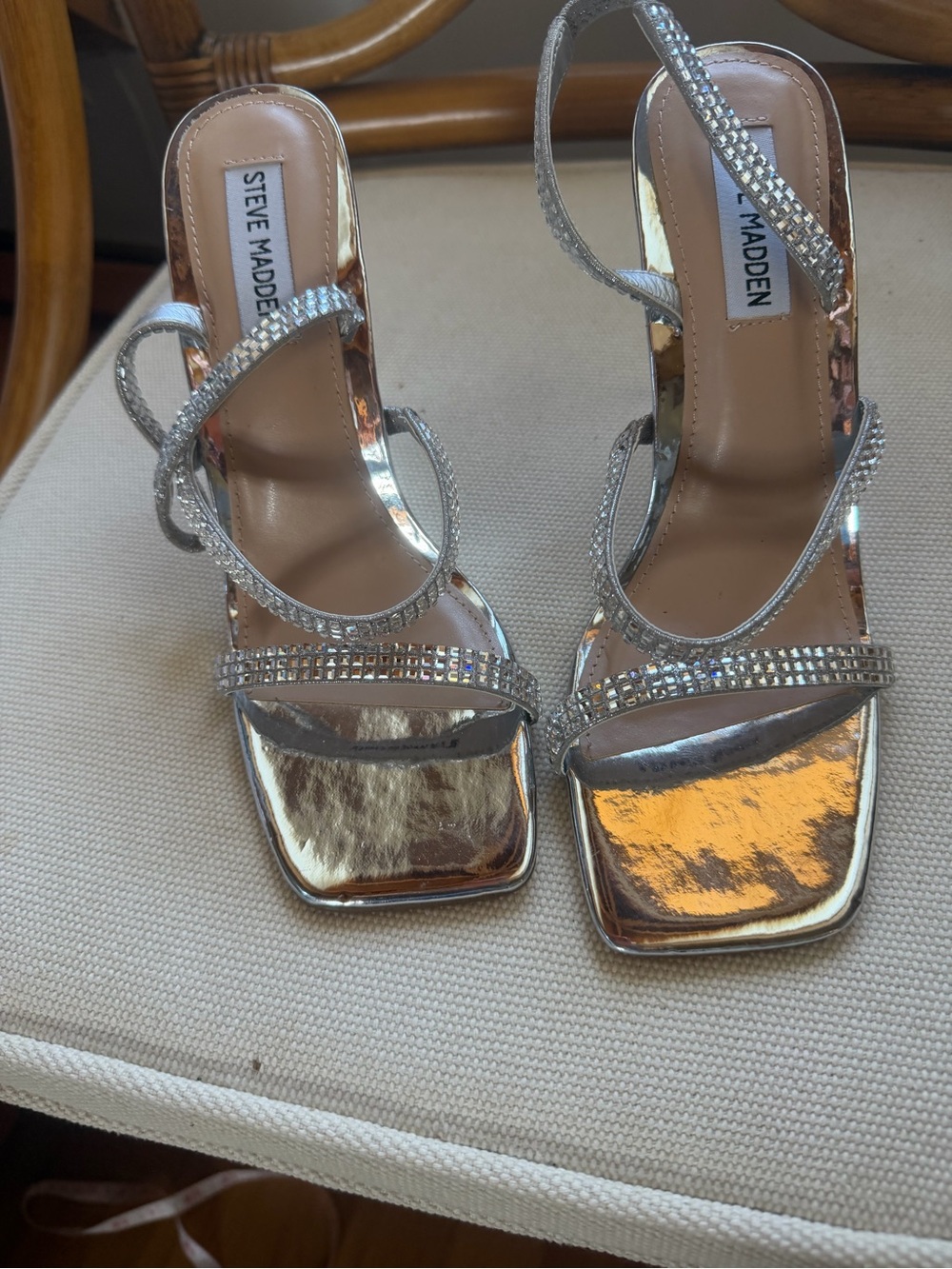 Steve Madden Metallic Silver Rhinestone Strappy Heels